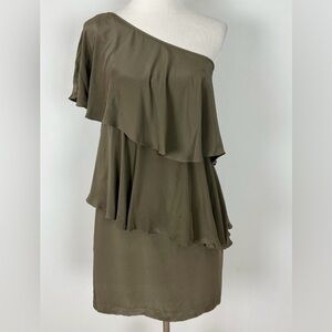 Y2K Annie Griffin Silk Ruffle One Shoulder Dress Olive Green Size 4 Women's